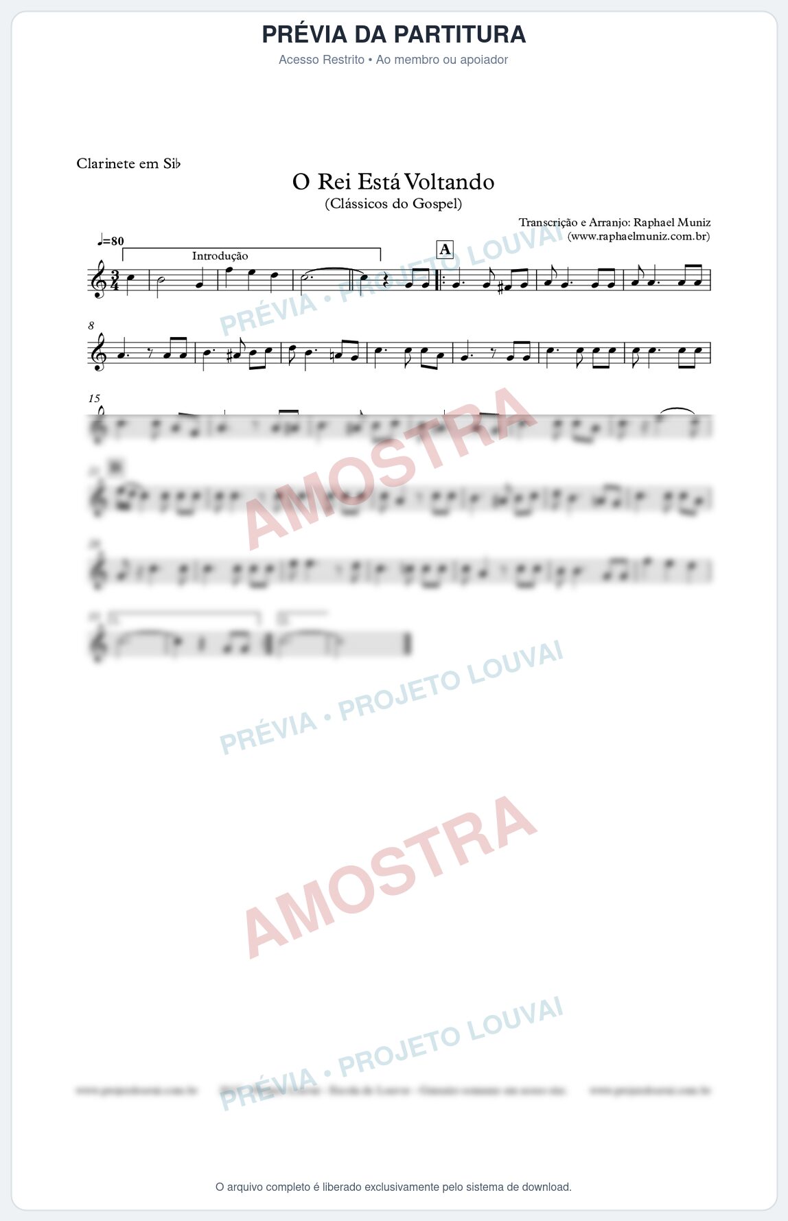 Prévia protegida da primeira página da partitura Partitura para Clarinete - O Rei está voltando - Clássicos do Gospel