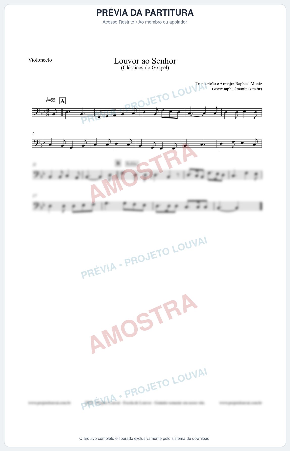 Prévia protegida da primeira página da partitura Partitura para Violoncelo - Louvor ao Senhor - Cantor Cristão nº3 - Clássicos do Gospel