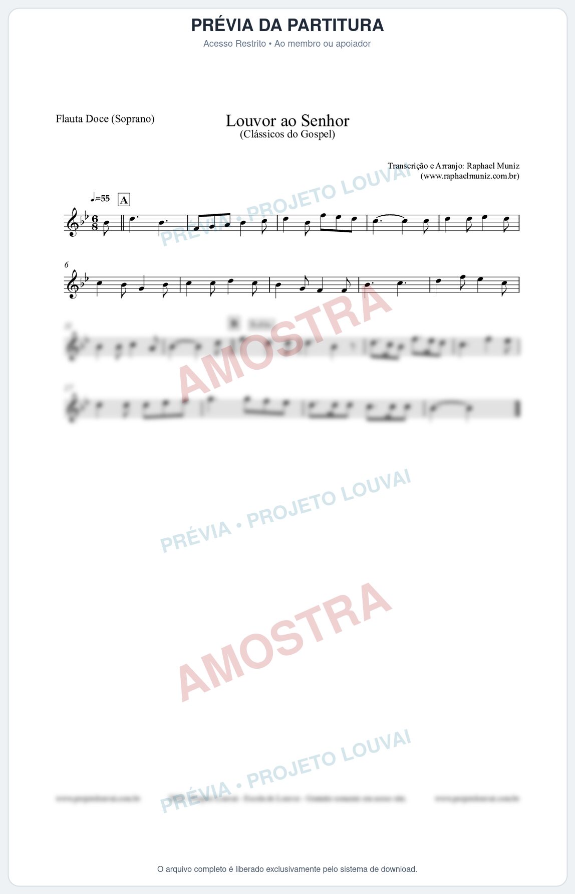 Prévia protegida da primeira página da partitura Partitura para Flauta Doce (Soprano) - Louvor ao Senhor - Cantor Cristão nº3 - Clássicos do Gospel