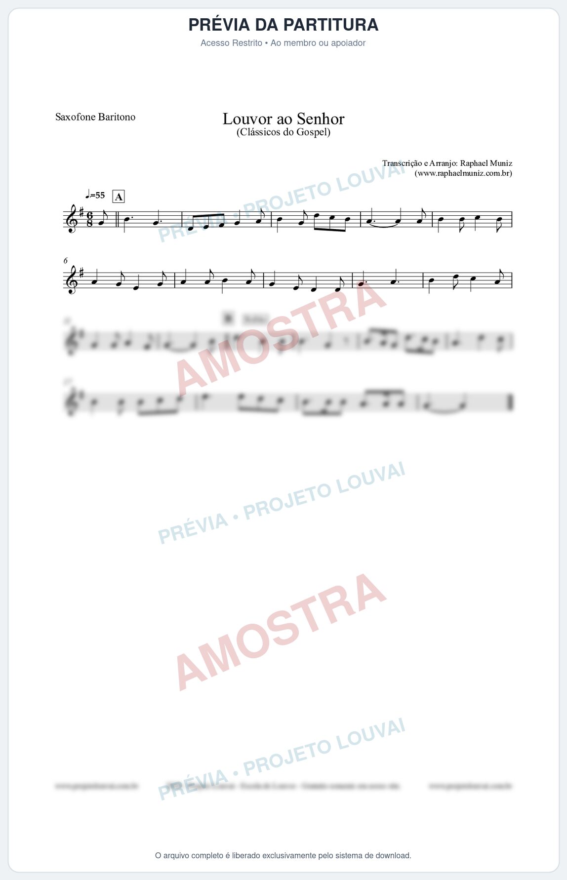 Prévia protegida da primeira página da partitura Partitura para Saxofone Barítono - Louvor ao Senhor - Cantor Cristão nº3 - Clássicos do Gospel