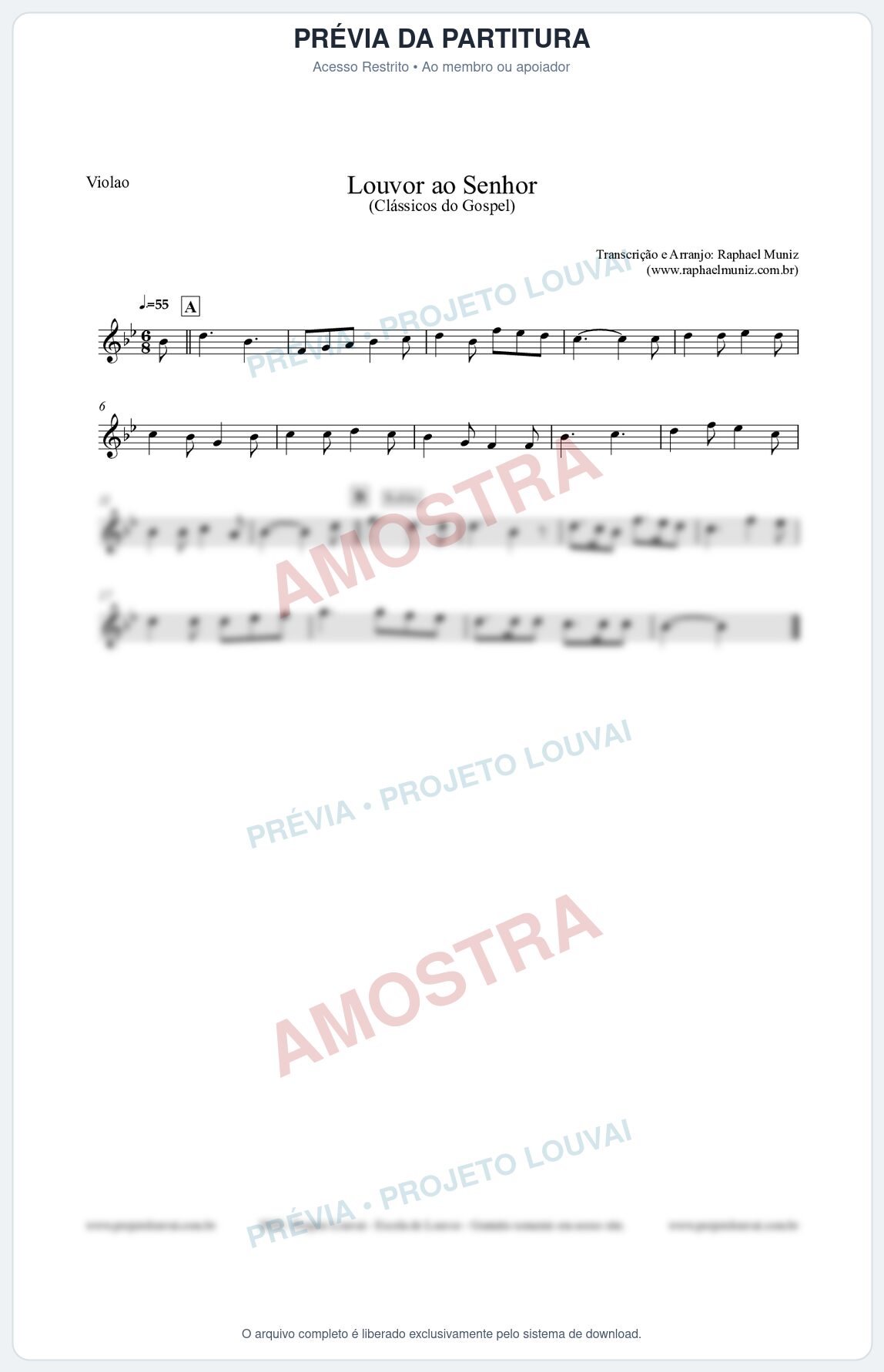 Prévia protegida da primeira página da partitura Partitura para Violão - Louvor ao Senhor - Cantor Cristão nº3 - Clássicos do Gospel