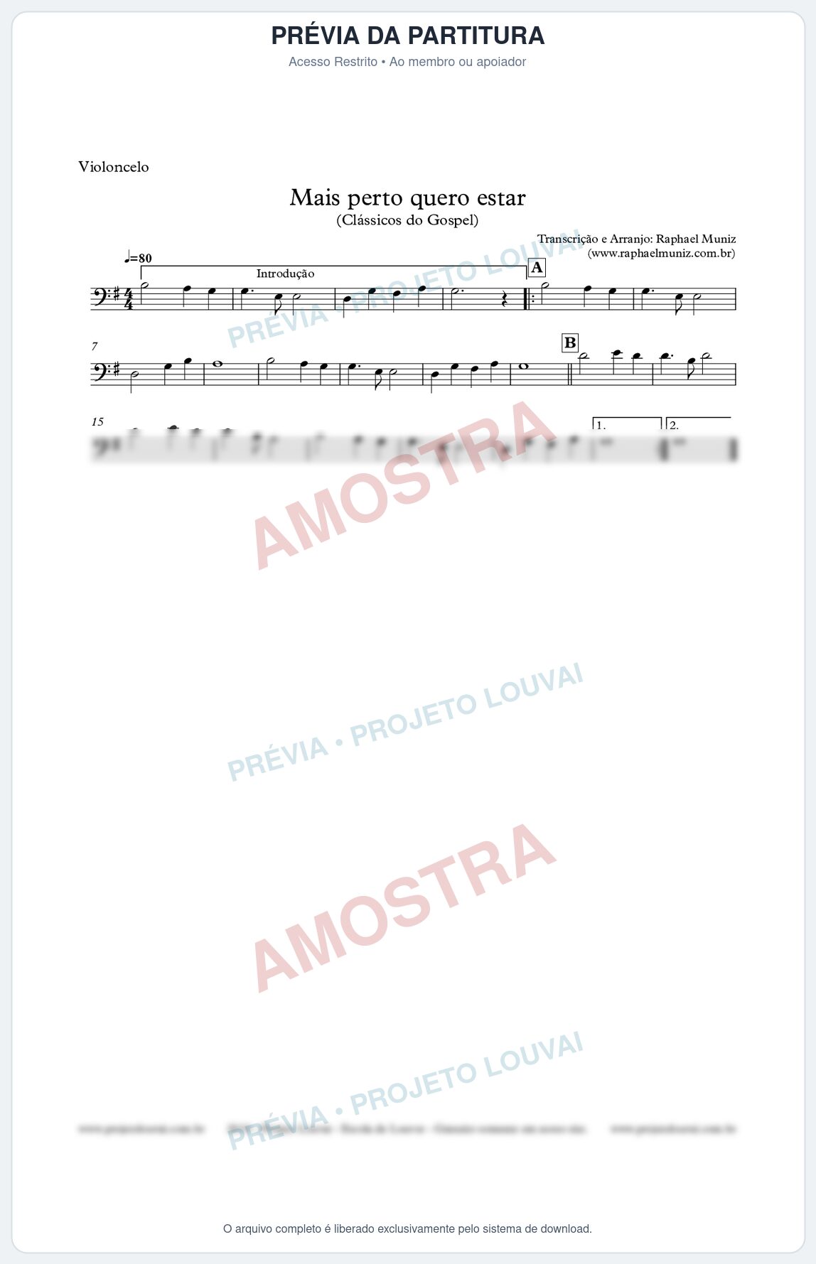 Prévia protegida da primeira página da partitura Partitura para Violoncelo - Mais Perto Quero Estar - Clássicos do Gospel