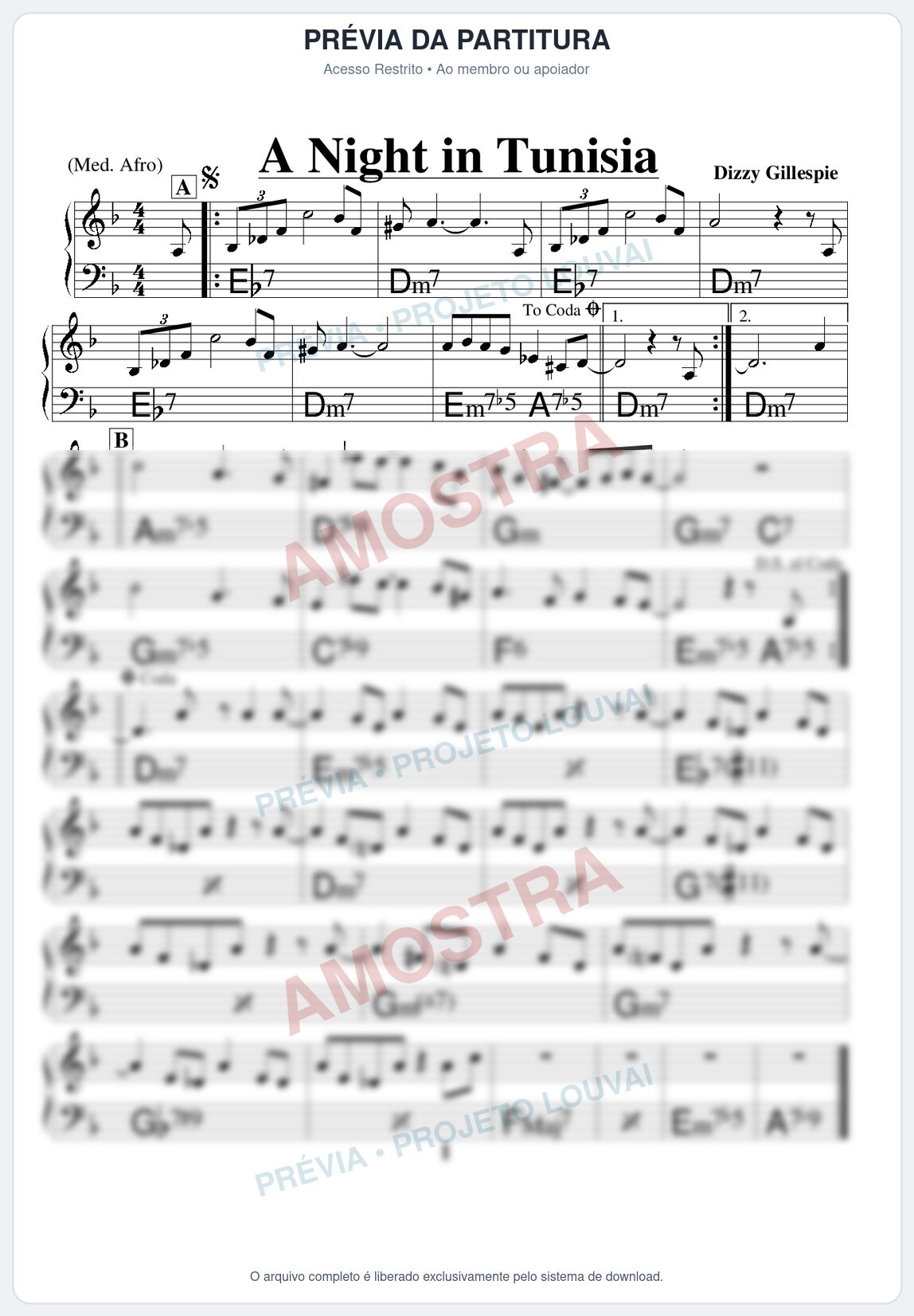 Prévia protegida da primeira página da partitura Partitura para Trompete Piccolo em Sib - A Night in Tunisia - Real Book de Jazz