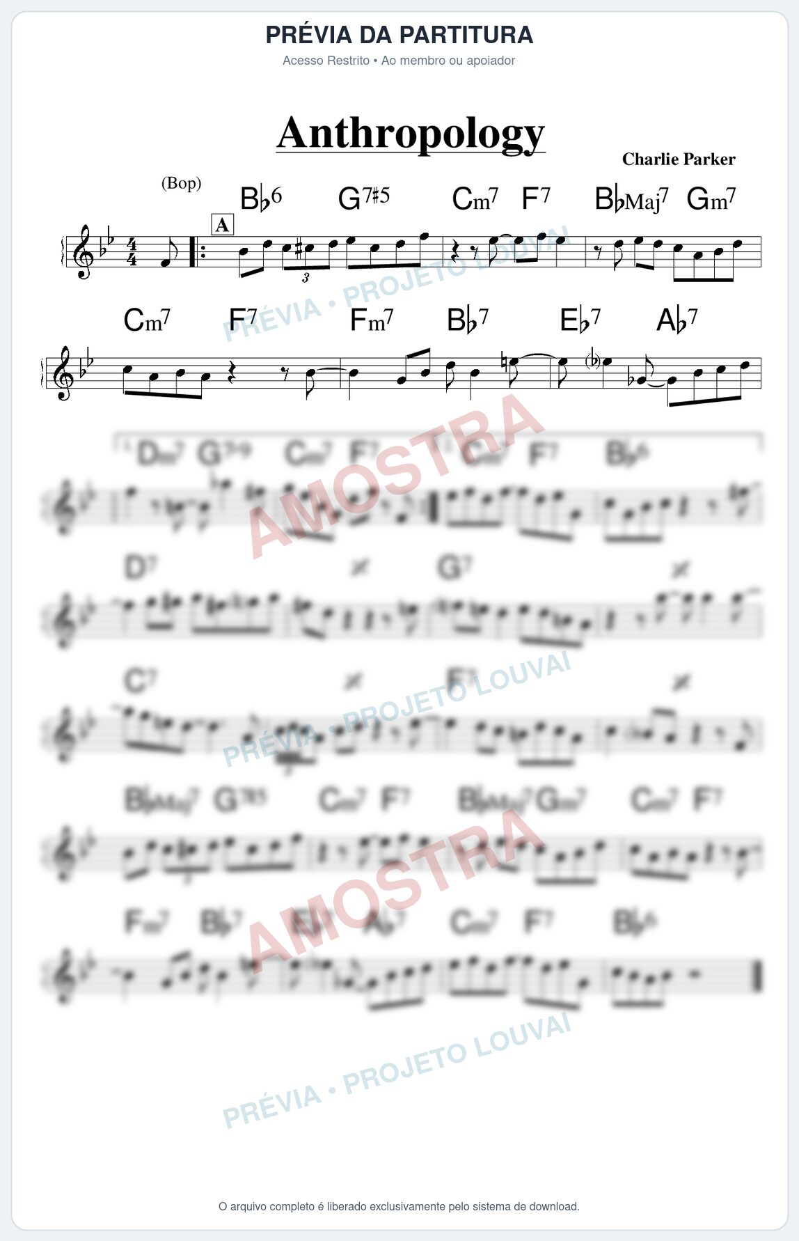 Prévia protegida da primeira página da partitura Partitura para Trompete Piccolo em Sib - Anthropology - Real Book de Jazz
