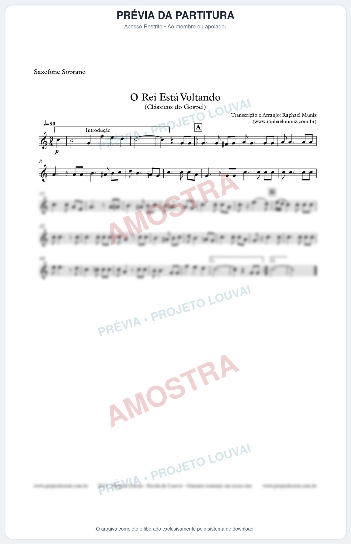 Prévia protegida da primeira página da partitura Partitura para Sax Soprano - O Rei está voltando - Clássicos do Gospel