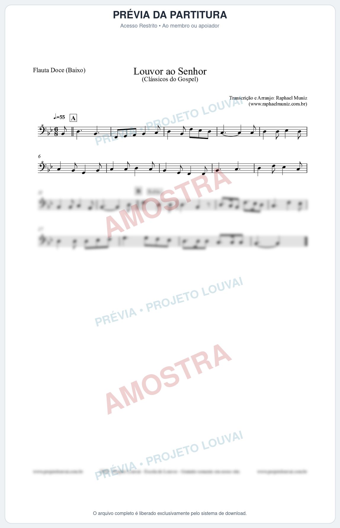 Prévia protegida da primeira página da partitura Partitura para Flauta Doce (Baixo) - Louvor ao Senhor - Cantor Cristão nº3 - Clássicos do Gospel