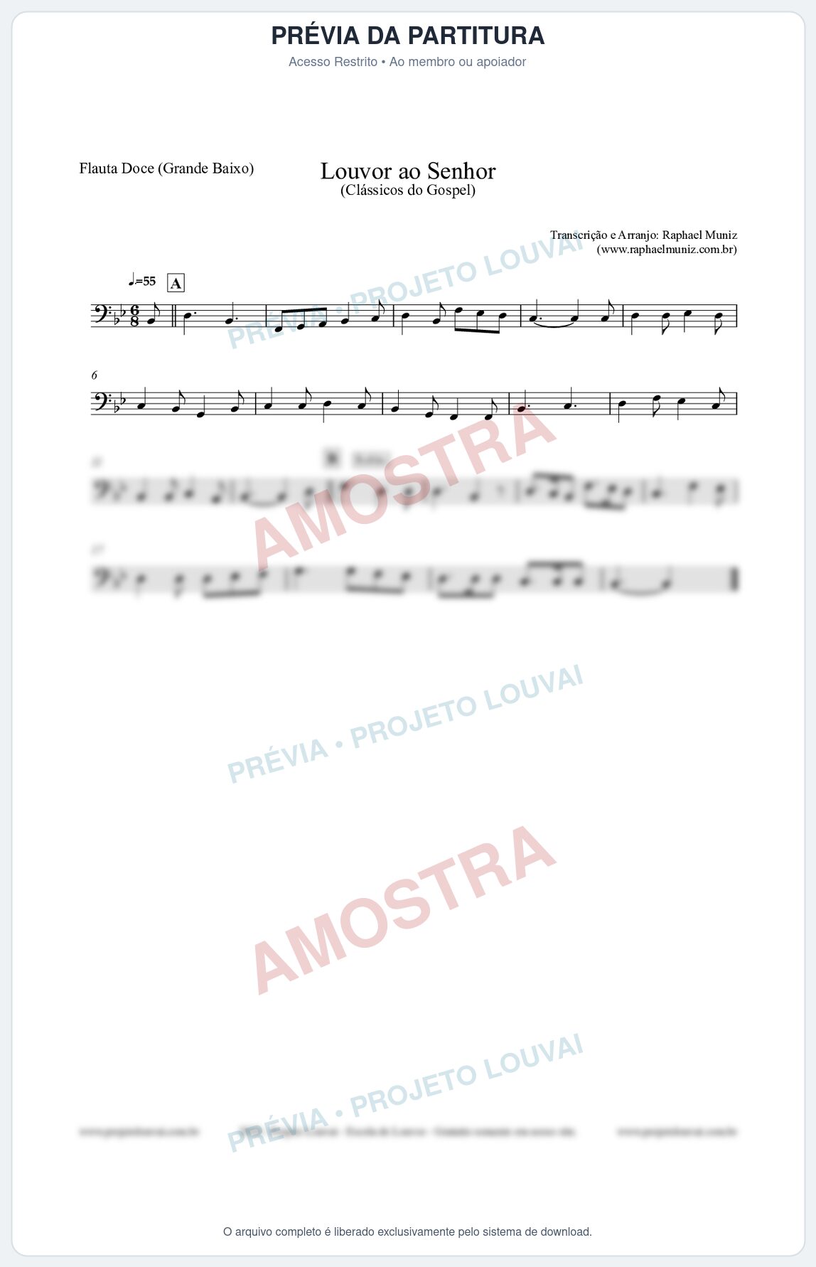 Prévia protegida da primeira página da partitura Partitura para Flauta Doce (Grande Baixo) - Louvor ao Senhor - Cantor Cristão nº3 - Clássicos do Gospel