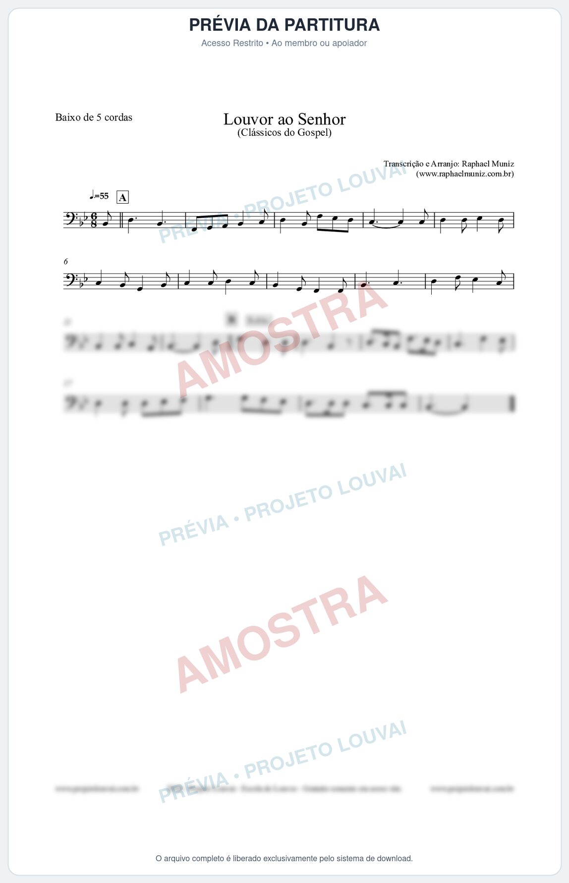 Prévia protegida da primeira página da partitura Partitura para Baixo de 5 cordas - Louvor ao Senhor - Cantor Cristão nº3 - Clássicos do Gospel