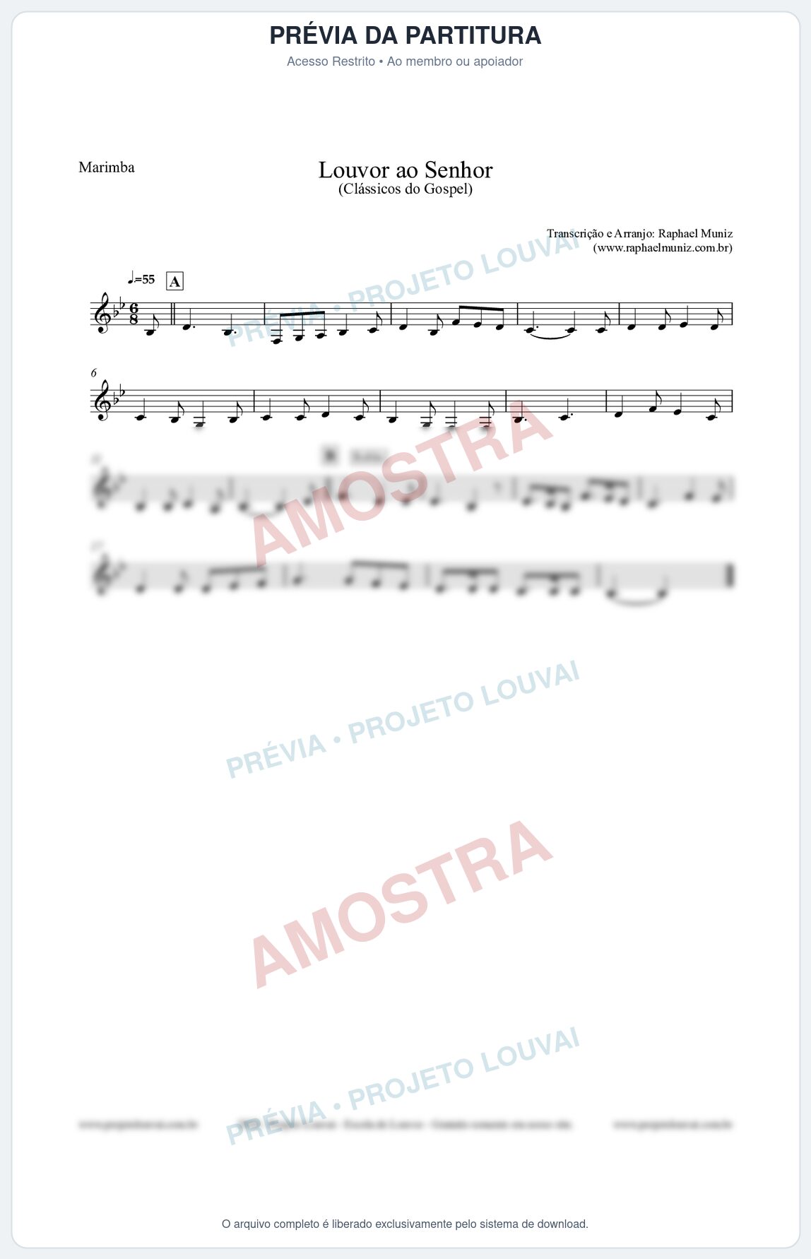 Prévia protegida da primeira página da partitura Partitura para Marimba - Louvor ao Senhor - Cantor Cristão nº3 - Clássicos do Gospel