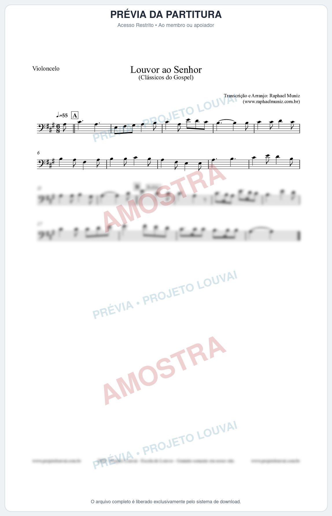 Prévia protegida da primeira página da partitura Partitura para Violoncelo - Louvor ao Senhor - Cantor Cristão nº3 - Clássicos do Gospel