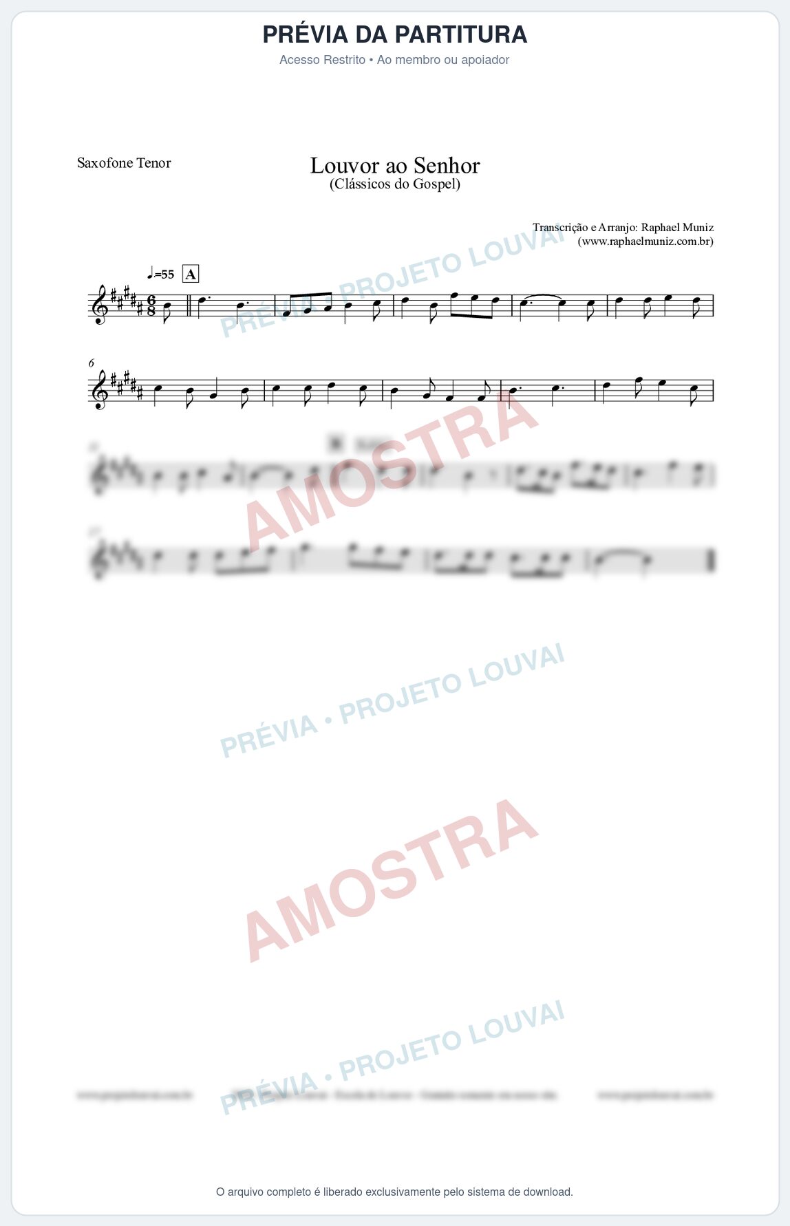 Prévia protegida da primeira página da partitura Partitura para Saxofone Tenor - Louvor ao Senhor - Cantor Cristão nº3 - Clássicos do Gospel