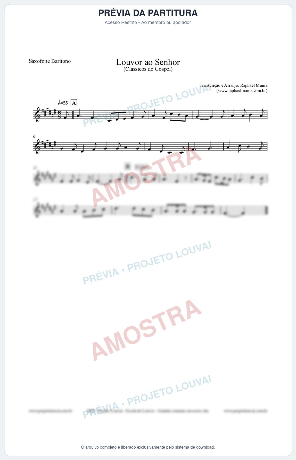 Prévia protegida da primeira página da partitura Partitura para Saxofone Barítono - Louvor ao Senhor - Cantor Cristão nº3 - Clássicos do Gospel