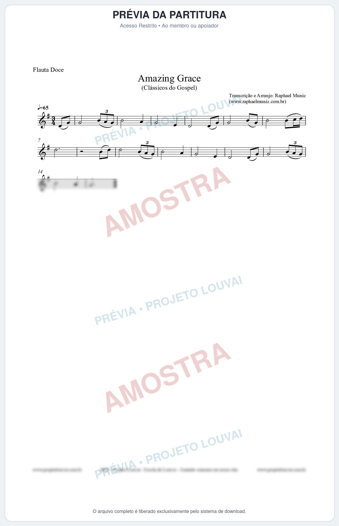 Prévia protegida da primeira página da partitura Partitura para Flauta Doce - Amazing Grace - Clássicos do Gospel