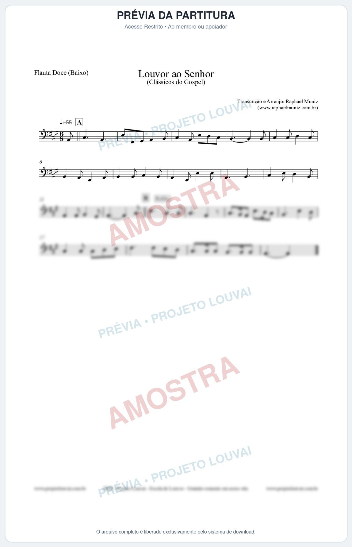 Prévia protegida da primeira página da partitura Partitura para Flauta Doce (Baixo) - Louvor ao Senhor - Cantor Cristão nº3 - Clássicos do Gospel