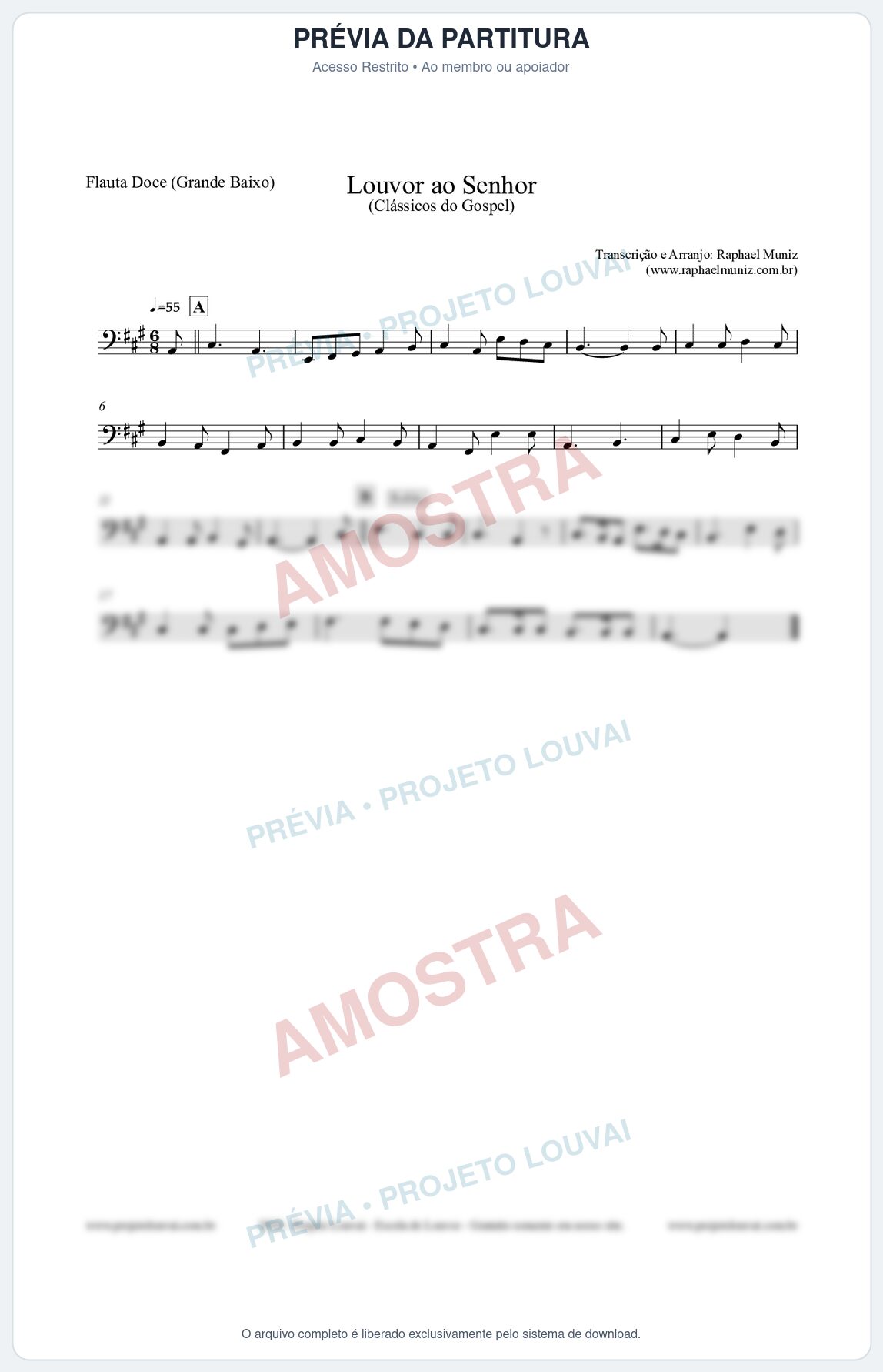 Prévia protegida da primeira página da partitura Partitura para Flauta Doce (Grande Baixo) - Louvor ao Senhor - Cantor Cristão nº3 - Clássicos do Gospel