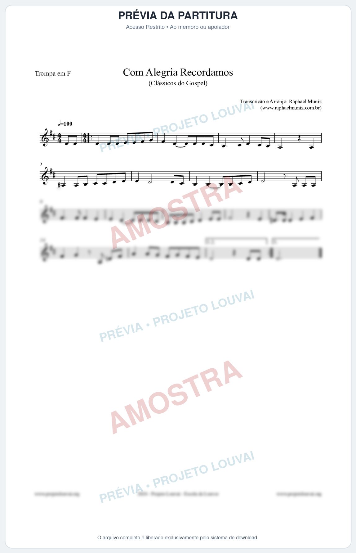 Prévia protegida da primeira página da partitura Partitura para Trompa em F - Com Alegria Recordamos - HCC 613 - Clássicos do Gospel