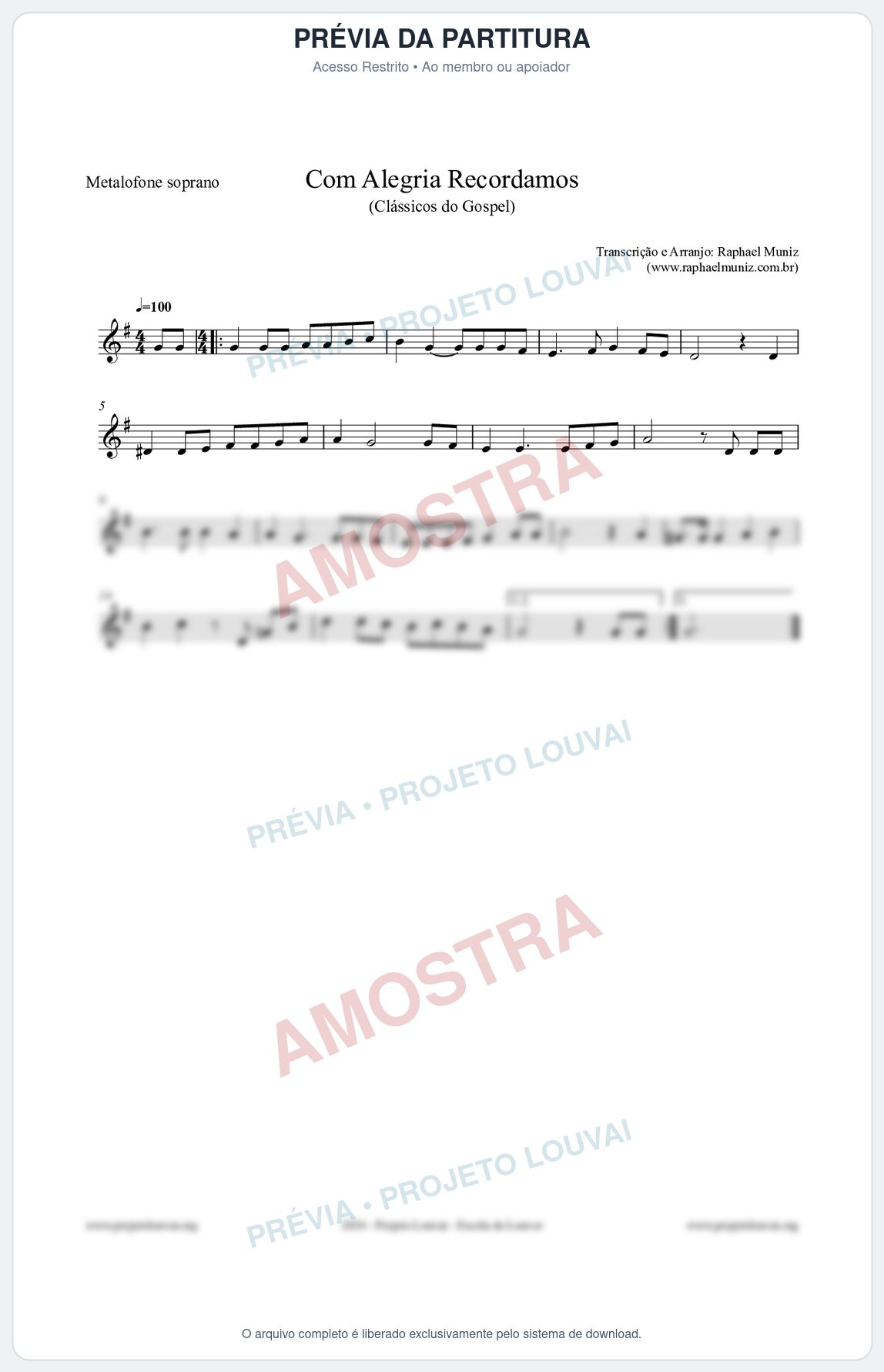 Prévia protegida da primeira página da partitura Partitura para Metalofone soprano - Com Alegria Recordamos - HCC 613 - Clássicos do Gospel
