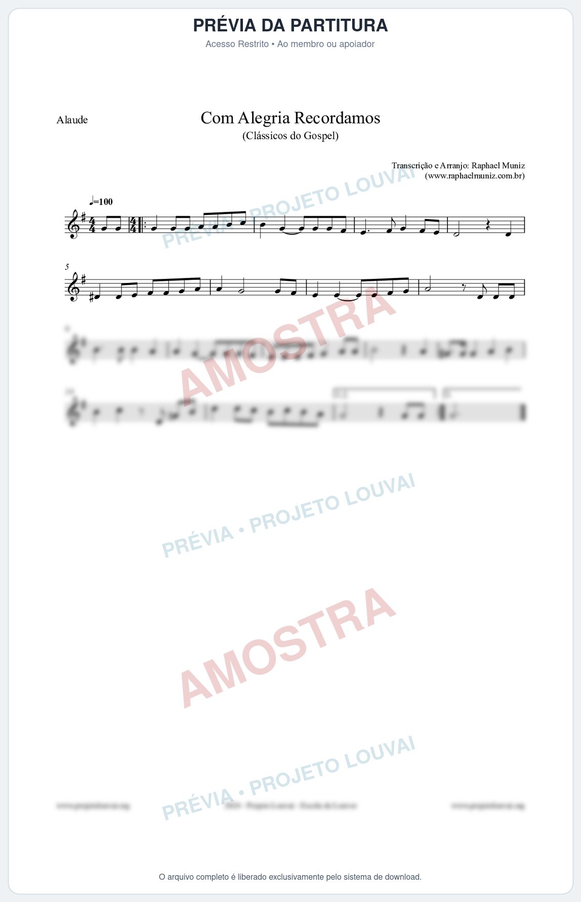 Prévia protegida da primeira página da partitura Partitura para Alaúde - Com Alegria Recordamos - HCC 613 - Clássicos do Gospel