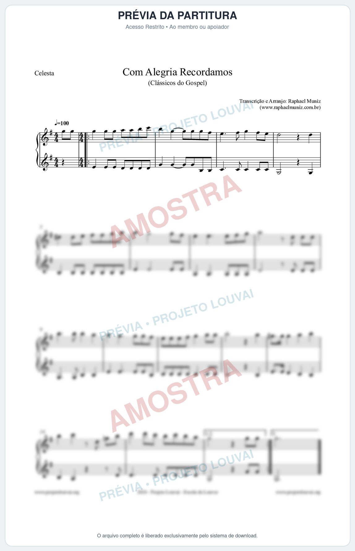 Prévia protegida da primeira página da partitura Partitura para Celesta - Com Alegria Recordamos - HCC 613 - Clássicos do Gospel