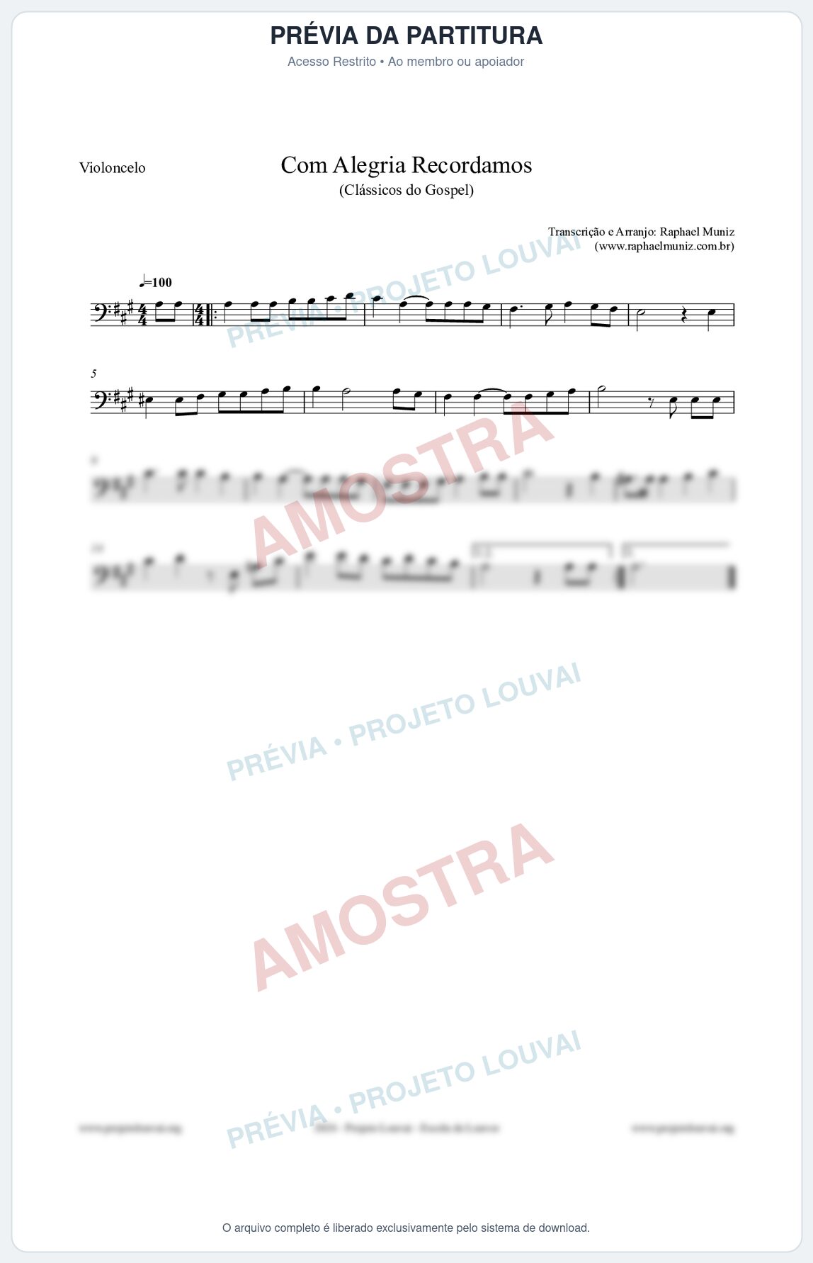 Prévia protegida da primeira página da partitura Partitura para Violoncelo - Com Alegria Recordamos - HCC 613 - Clássicos do Gospel