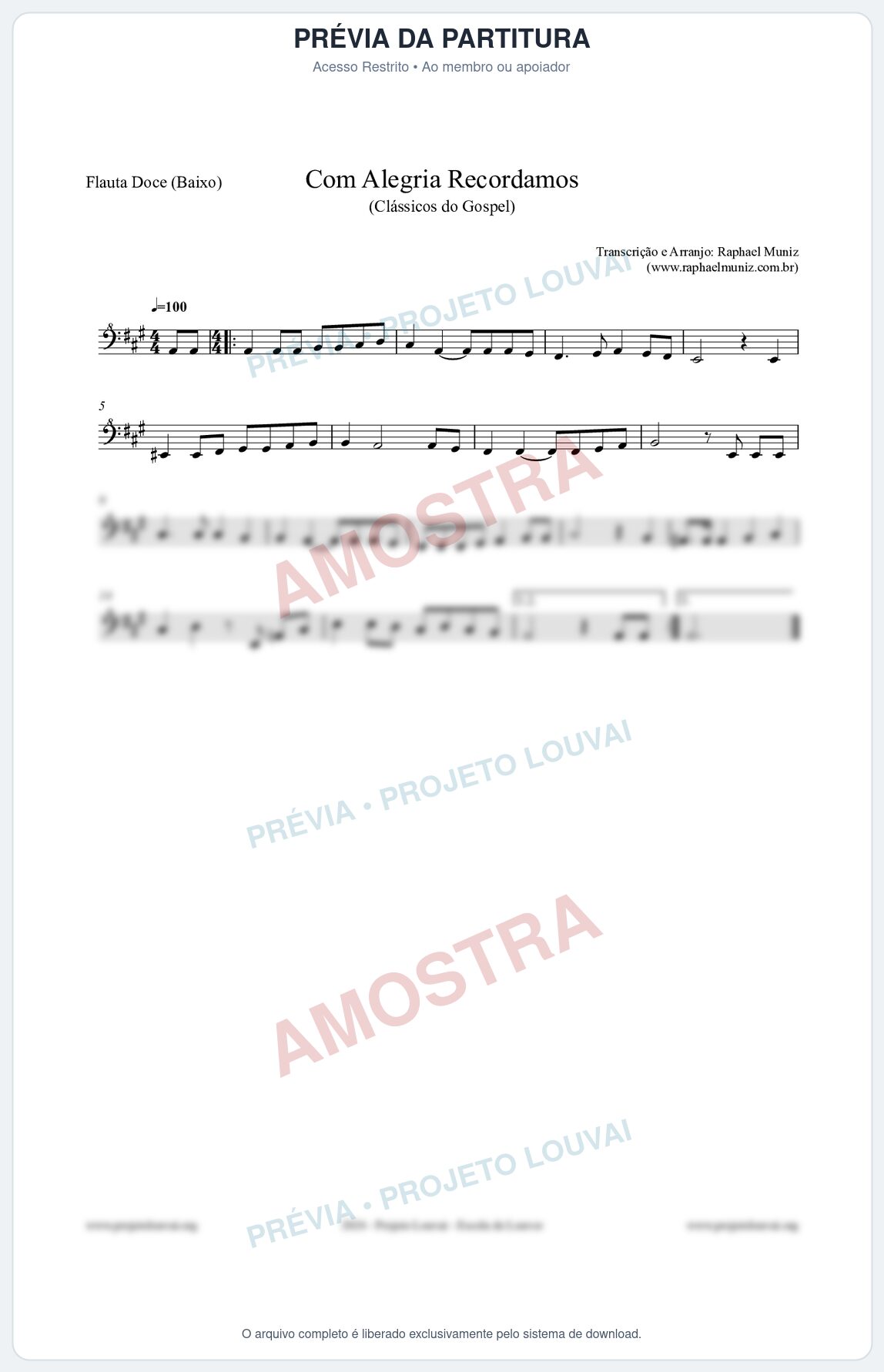 Prévia protegida da primeira página da partitura Partitura para Flauta Doce (Baixo) - Com Alegria Recordamos - HCC 613 - Clássicos do Gospel
