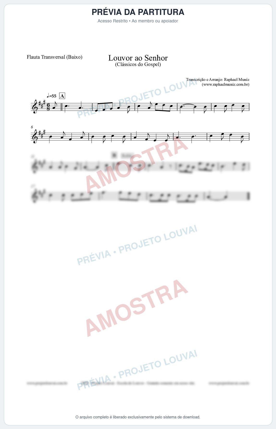 Prévia protegida da primeira página da partitura Partitura para Flauta Transversal (Baixo) - Louvor ao Senhor - Cantor Cristão nº3 - Clássicos do Gospel