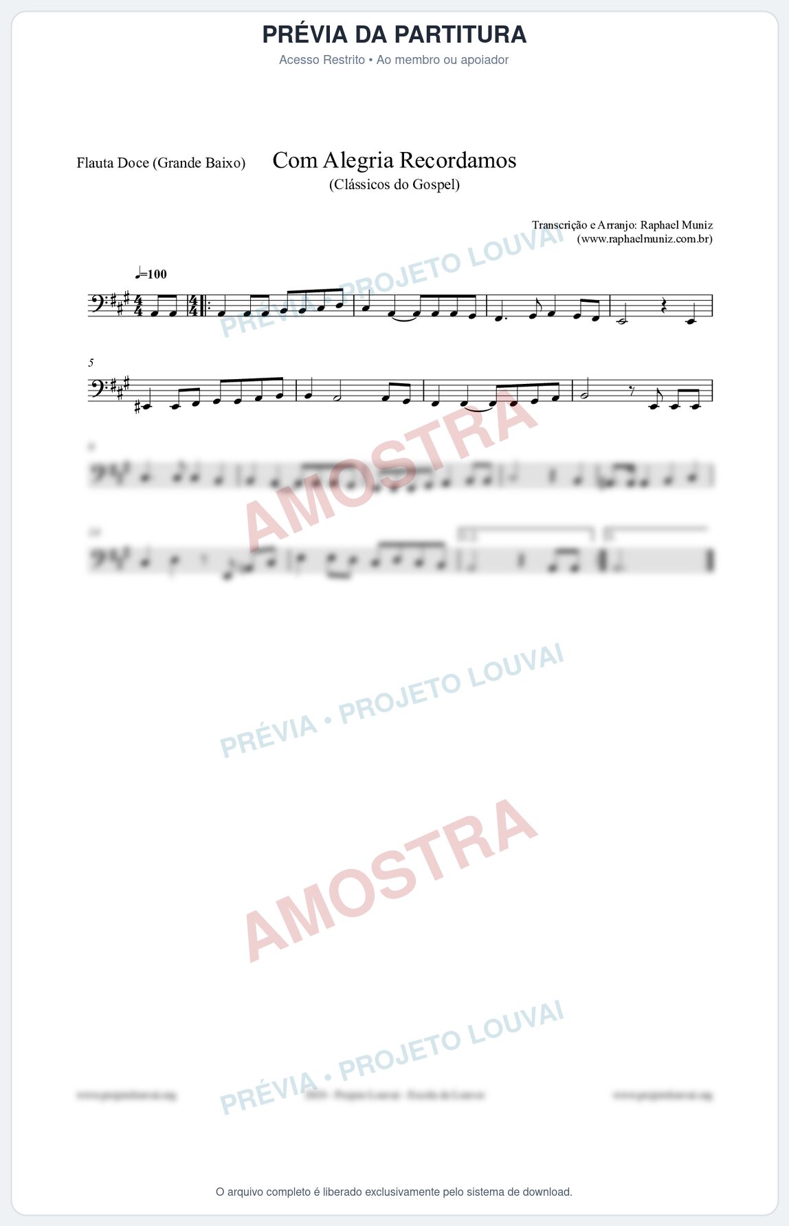 Prévia protegida da primeira página da partitura Partitura para Flauta Doce (Grande Baixo) - Com Alegria Recordamos - HCC 613 - Clássicos do Gospel