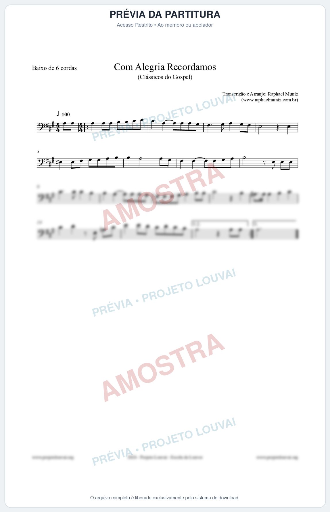 Prévia protegida da primeira página da partitura Partitura para Baixo de 6 cordas - Com Alegria Recordamos - HCC 613 - Clássicos do Gospel
