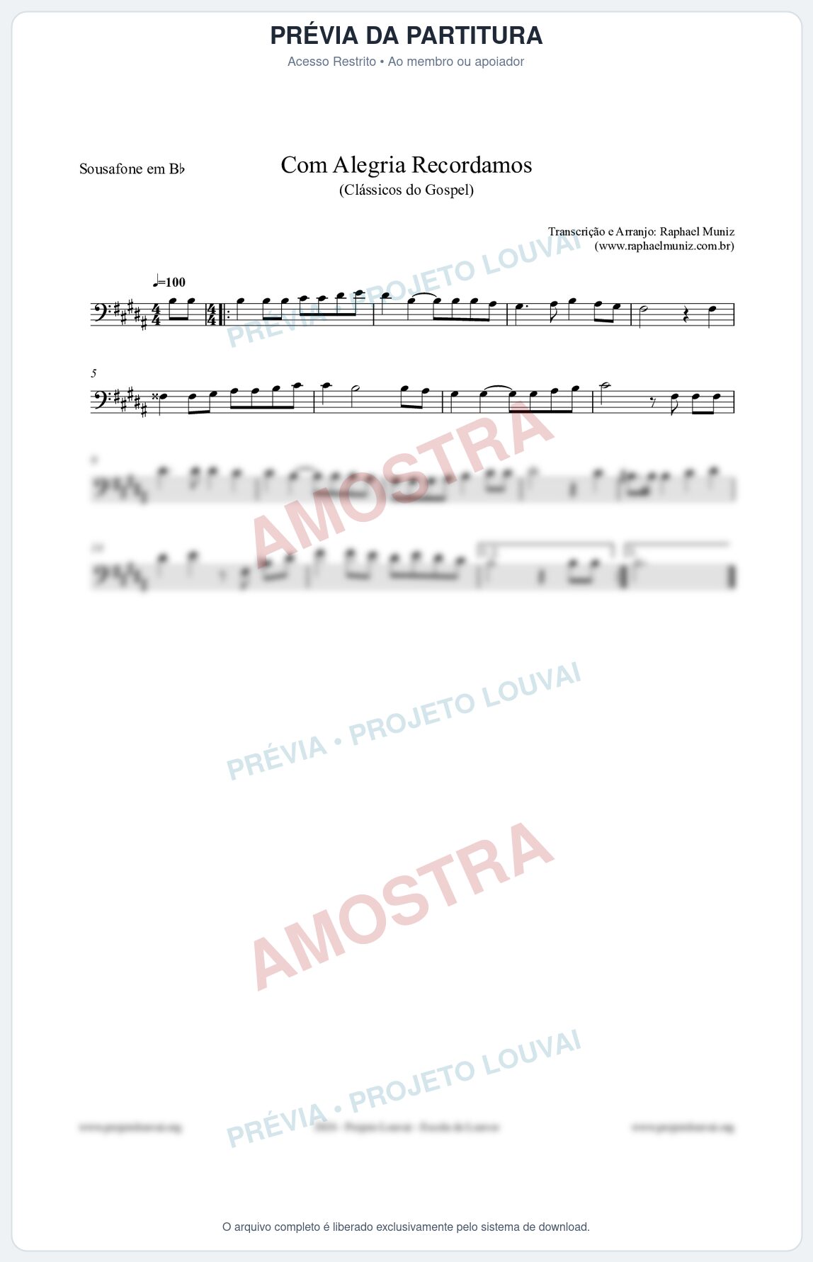 Prévia protegida da primeira página da partitura Partitura para Sousafone em Bb - Com Alegria Recordamos - HCC 613 - Clássicos do Gospel