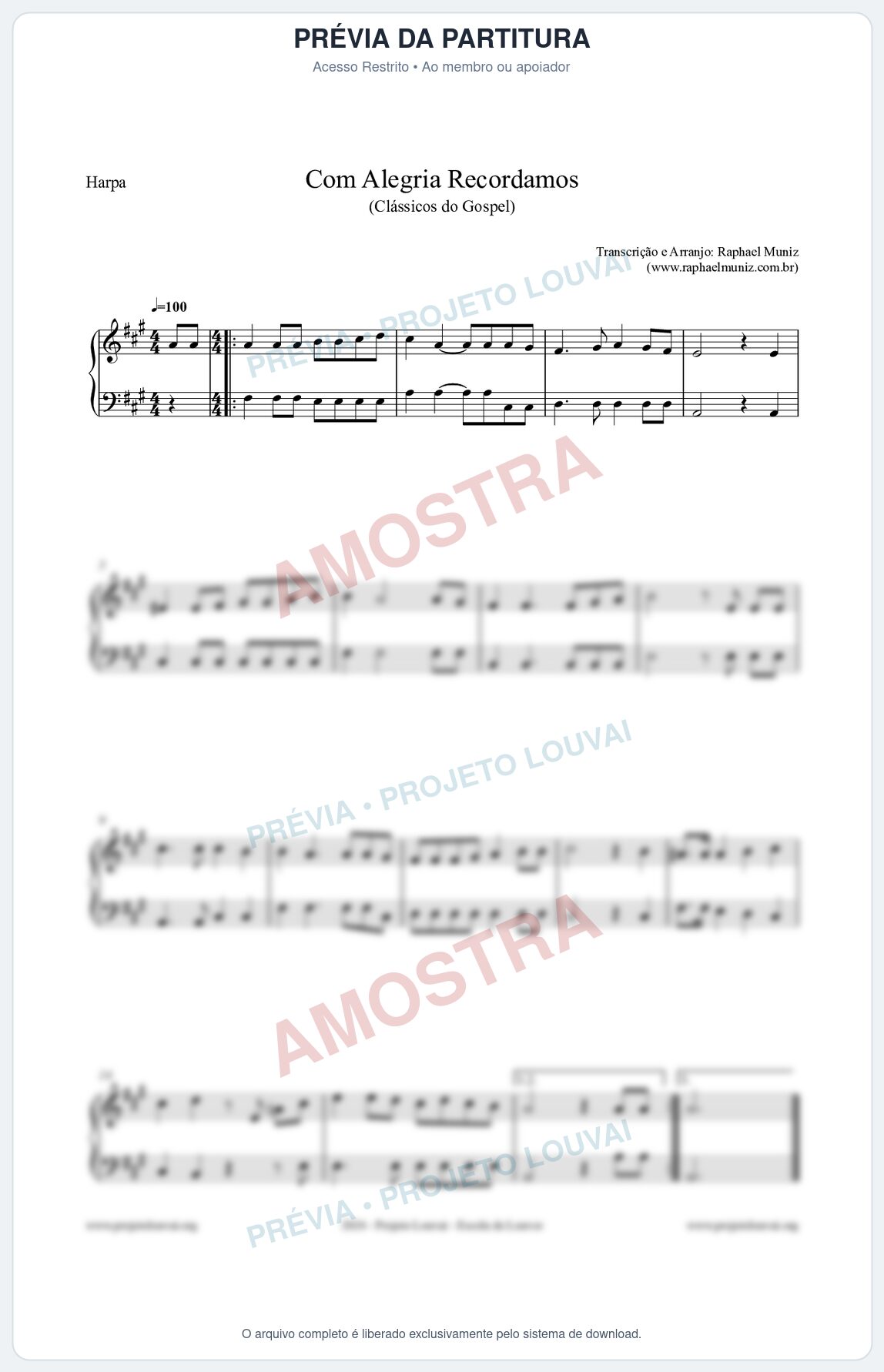 Prévia protegida da primeira página da partitura Partitura para Harpa - Com Alegria Recordamos - HCC 613 - Clássicos do Gospel