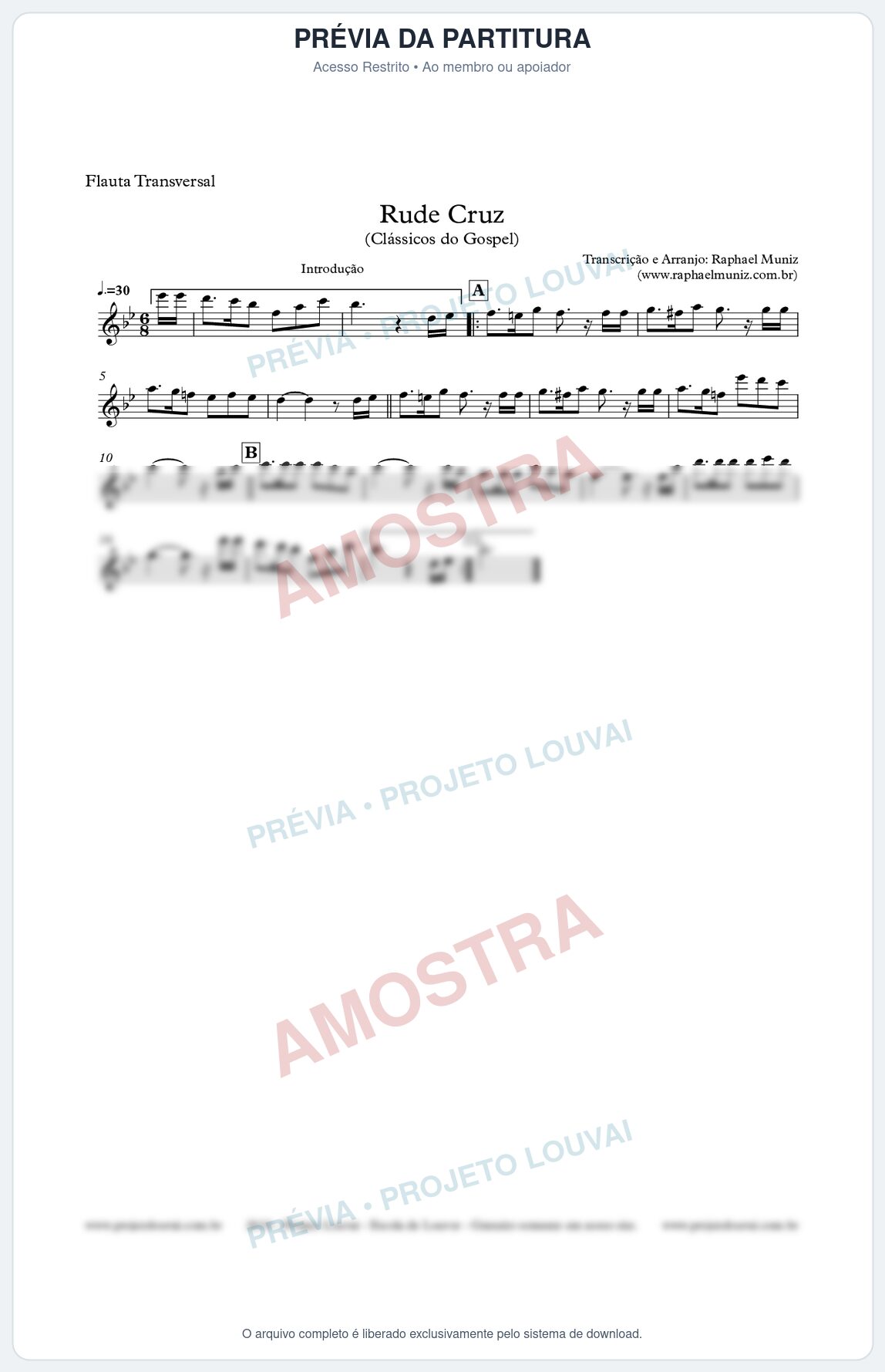 Prévia protegida da primeira página da partitura Partitura para Flauta Transversal - Rude Cruz - Clássicos do Gospel
