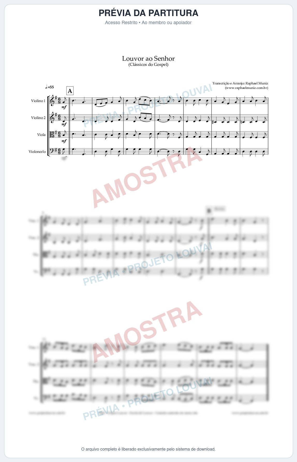 Prévia protegida da primeira página da partitura Partitura para Quarteto de Cordas - Louvor ao Senhor - Cantor Cristão nº3 - Clássicos do Gospel
