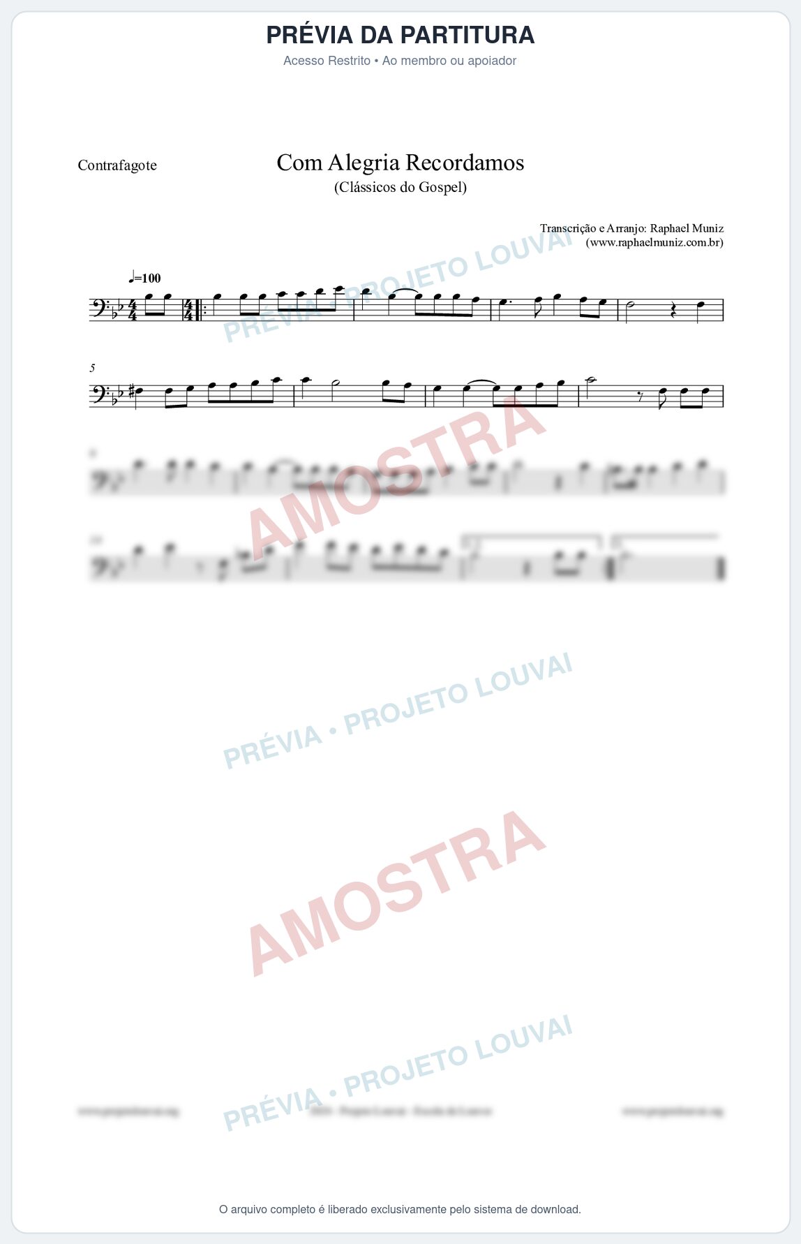 Prévia protegida da primeira página da partitura Partitura para Contrafagote - Com Alegria Recordamos - HCC 613 - Clássicos do Gospel