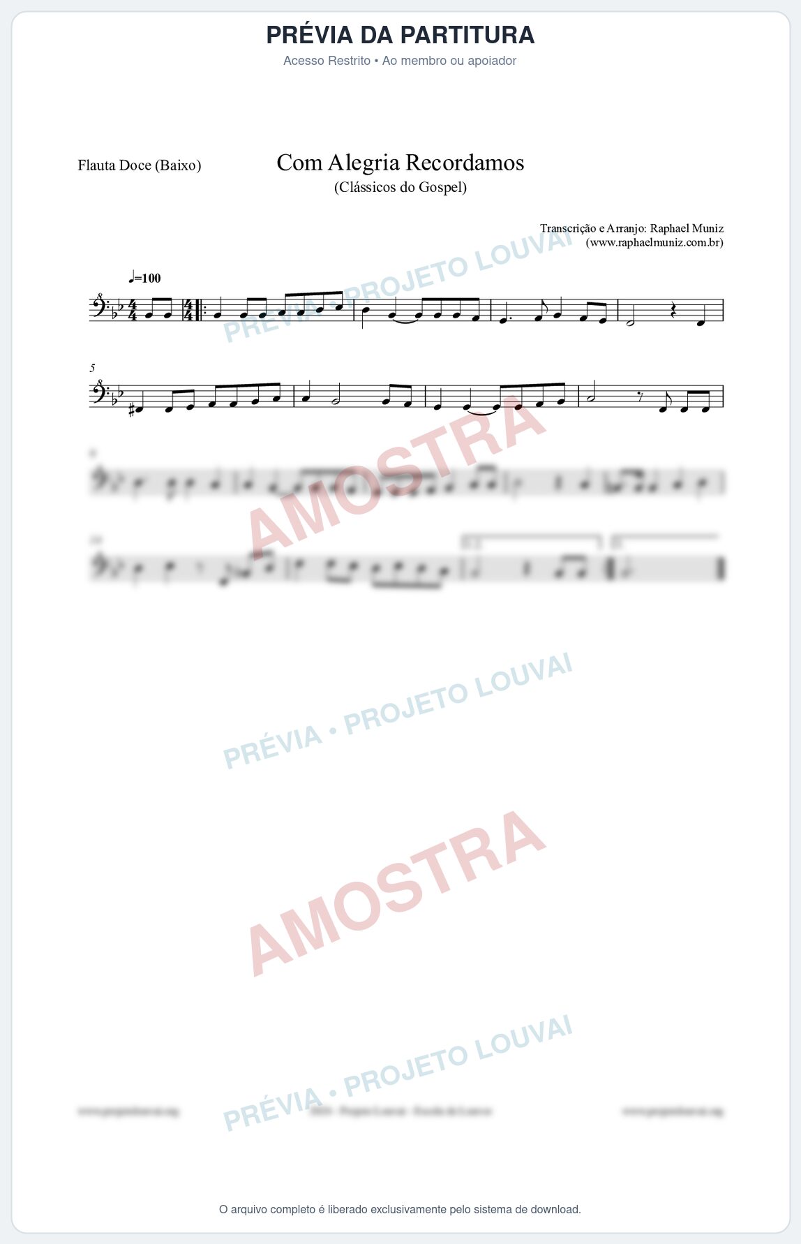 Prévia protegida da primeira página da partitura Partitura para Flauta Doce (Baixo) - Com Alegria Recordamos - HCC 613 - Clássicos do Gospel