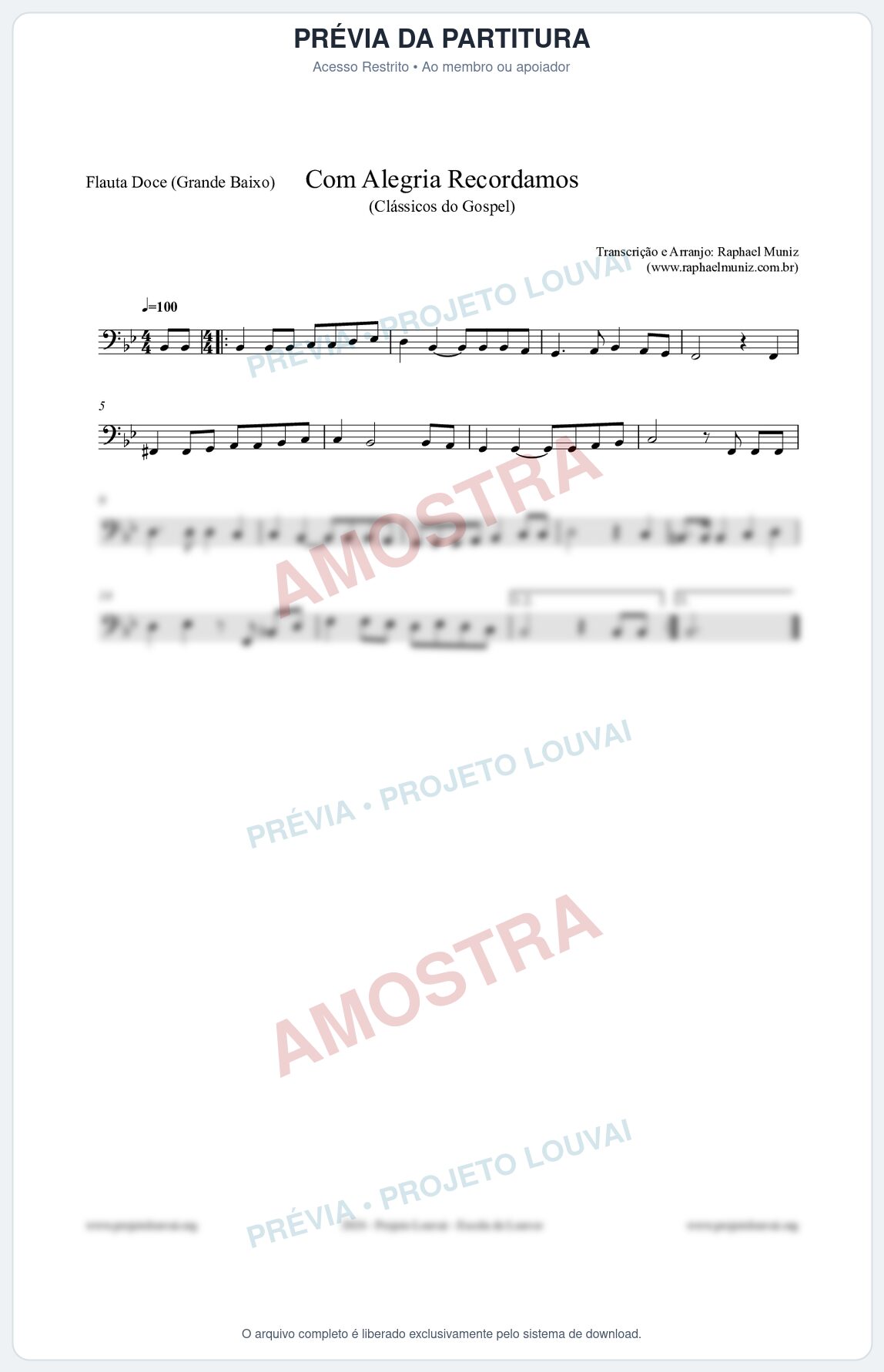 Prévia protegida da primeira página da partitura Partitura para Flauta Doce (Grande Baixo) - Com Alegria Recordamos - HCC 613 - Clássicos do Gospel