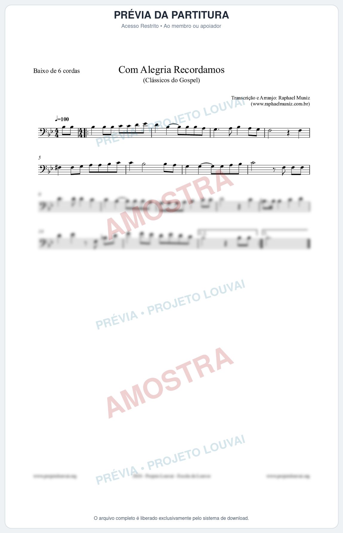 Prévia protegida da primeira página da partitura Partitura para Baixo de 6 cordas - Com Alegria Recordamos - HCC 613 - Clássicos do Gospel