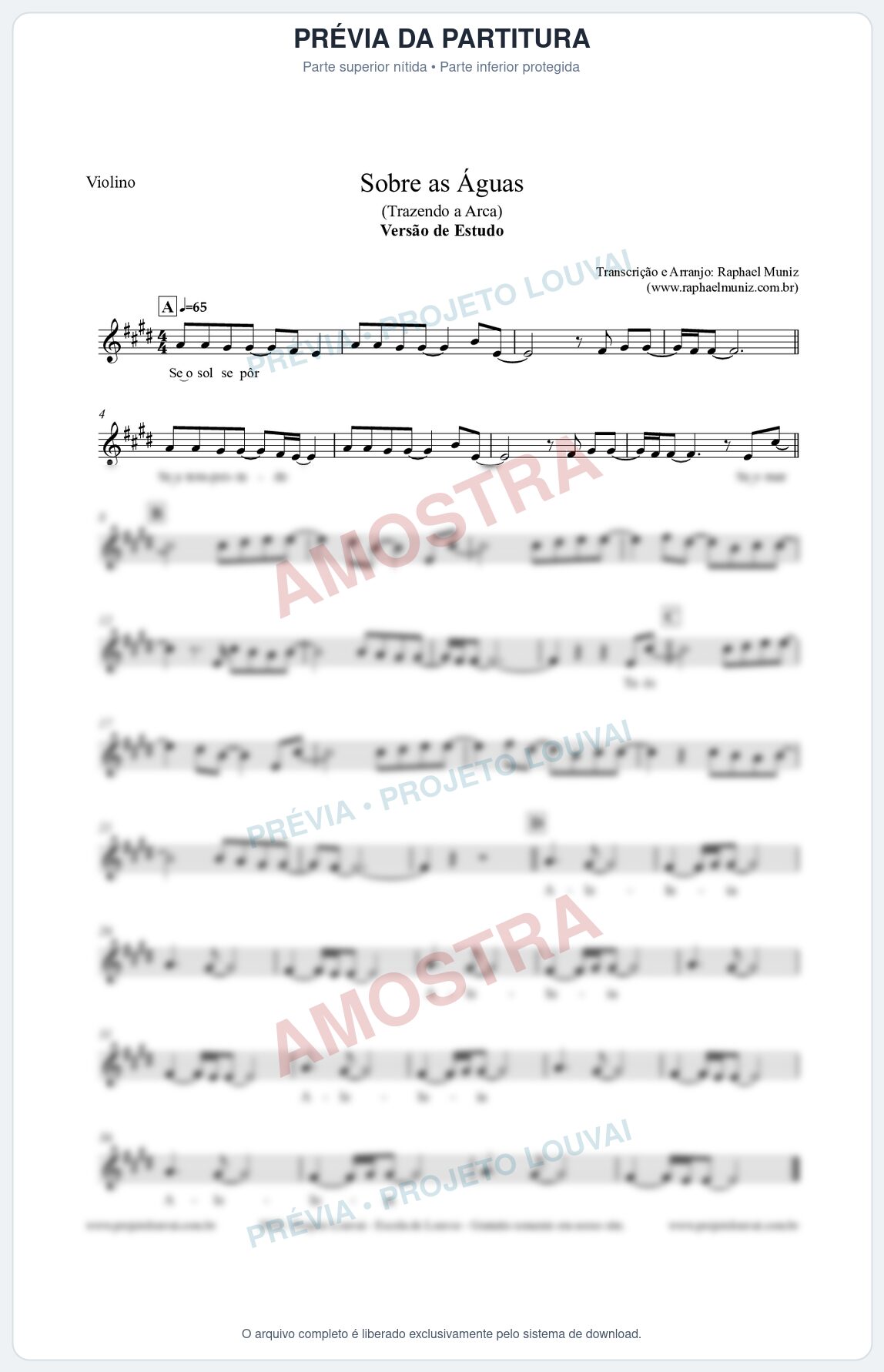 Prévia protegida da primeira página da partitura Partitura para Violino - Sobre as Águas (Versão de Estudo) - Trazendo a Arca