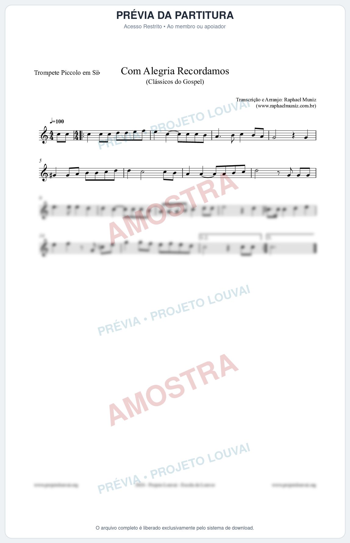 Prévia protegida da primeira página da partitura Partitura para Trompete Piccolo em Sib - Com Alegria Recordamos - HCC 613 - Clássicos do Gospel
