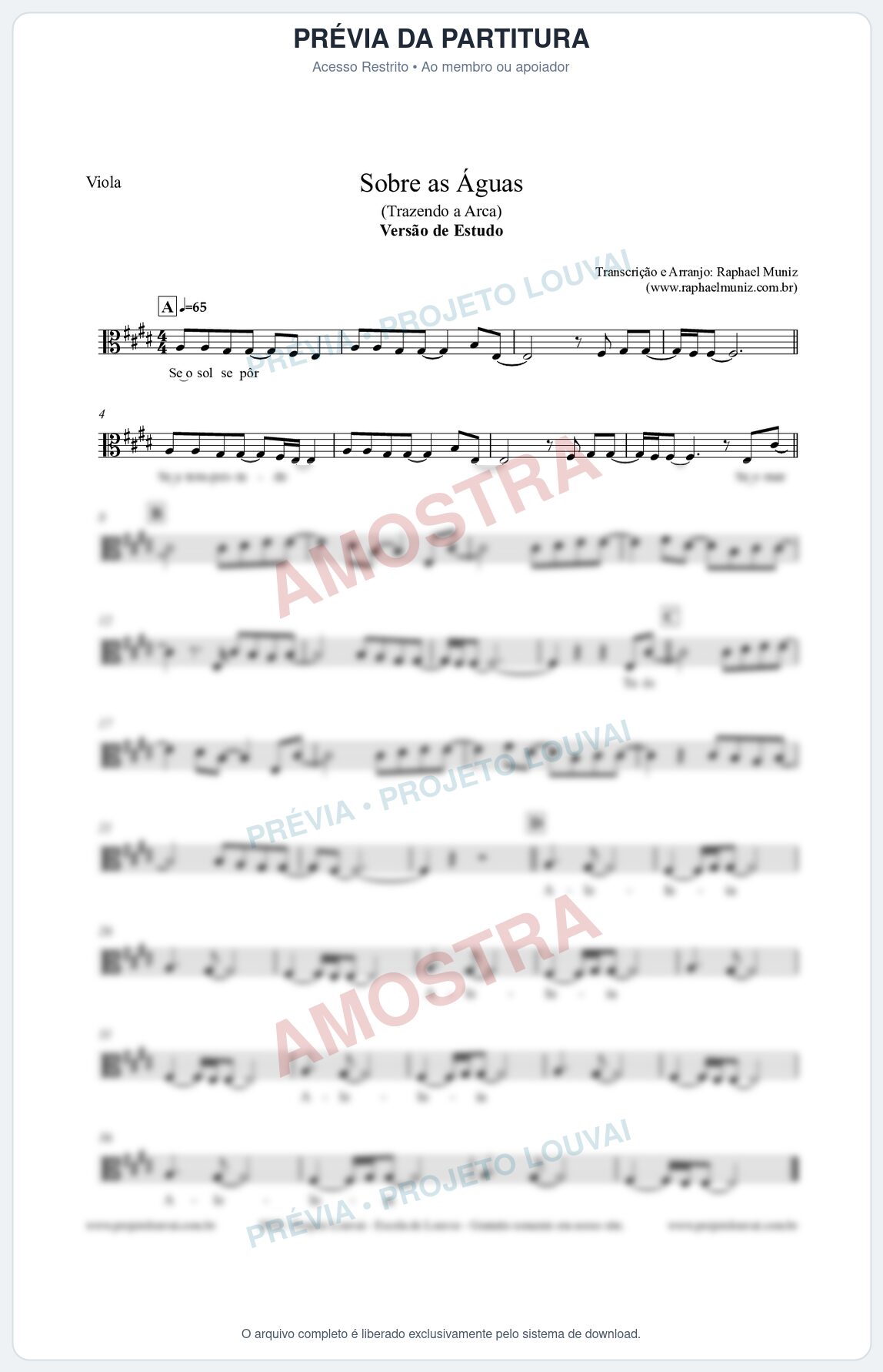 Prévia protegida da primeira página da partitura Partitura para Viola - Sobre as Águas (Versão de Estudo) - Trazendo a Arca