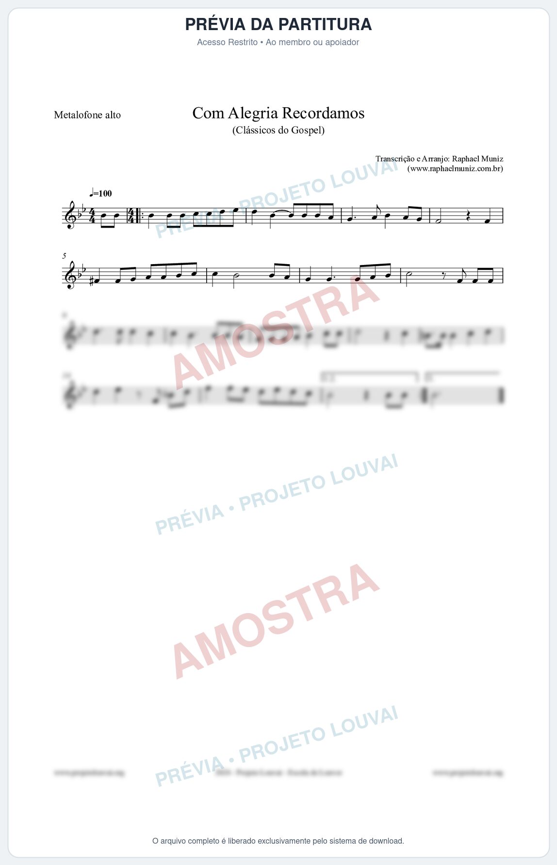 Prévia protegida da primeira página da partitura Partitura para Metalofone alto - Com Alegria Recordamos - HCC 613 - Clássicos do Gospel