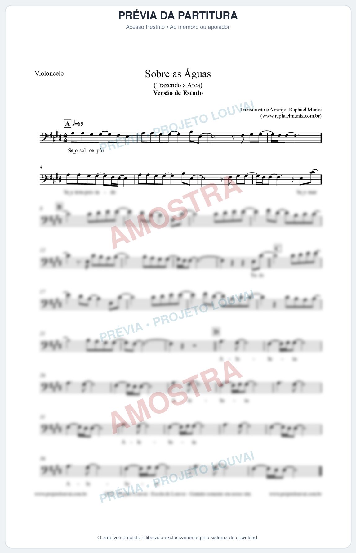 Prévia protegida da primeira página da partitura Partitura para Violoncelo - Sobre as Águas (Versão de Estudo) - Trazendo a Arca