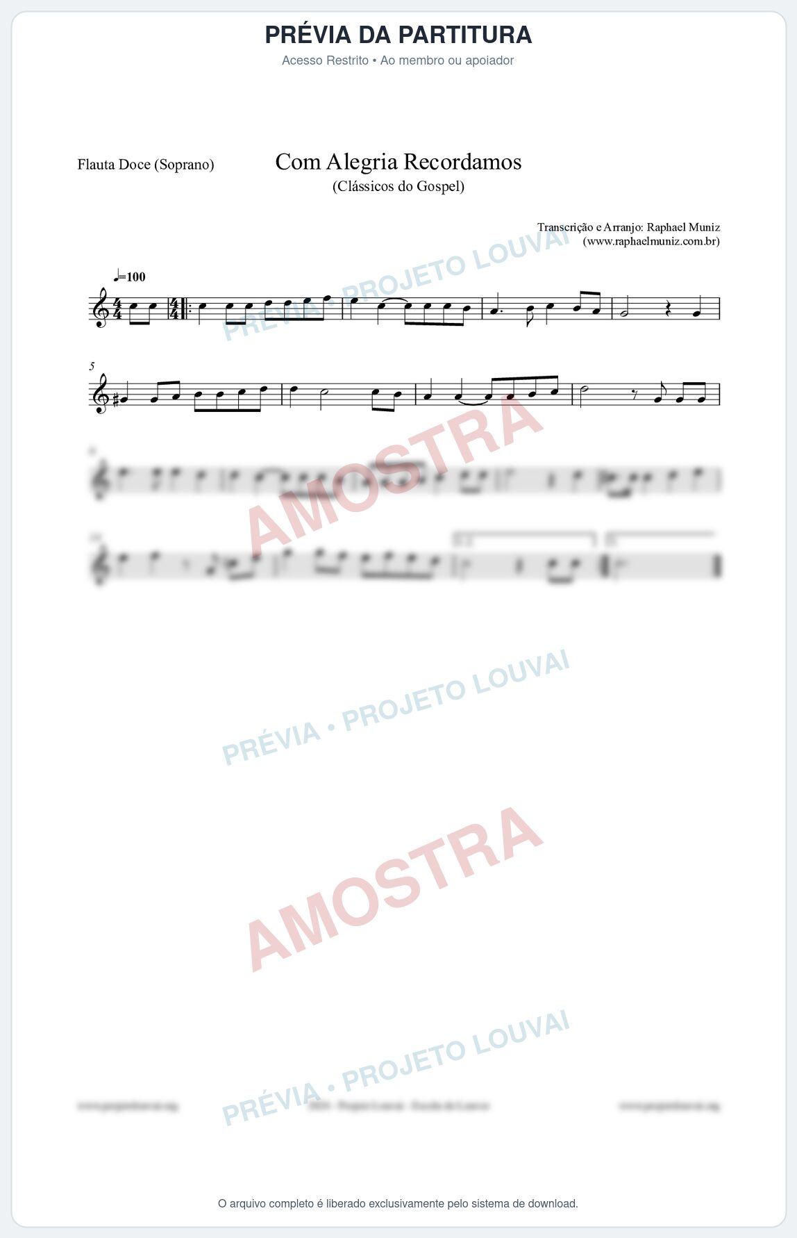 Prévia protegida da primeira página da partitura Partitura para Flauta Doce (Soprano) - Com Alegria Recordamos - HCC 613 - Clássicos do Gospel