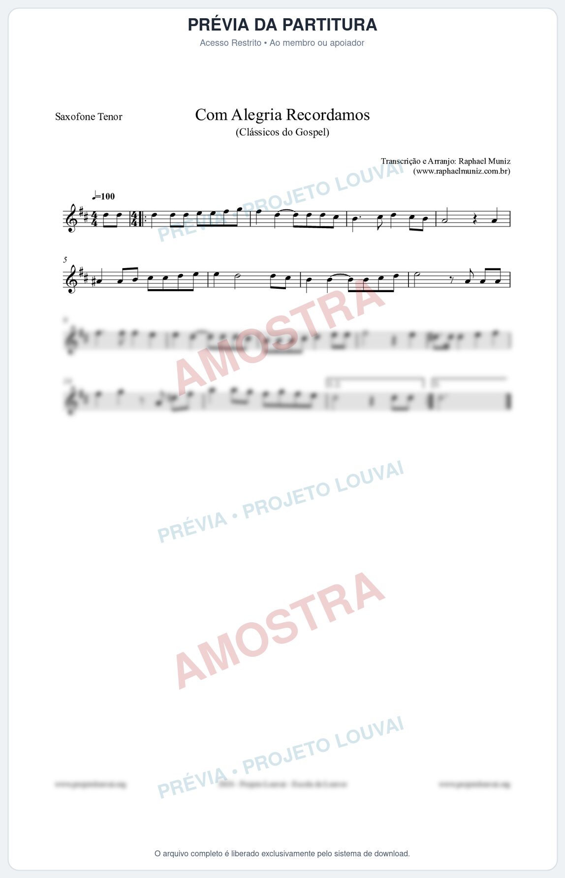 Prévia protegida da primeira página da partitura Partitura para Saxofone Tenor - Com Alegria Recordamos - HCC 613 - Clássicos do Gospel