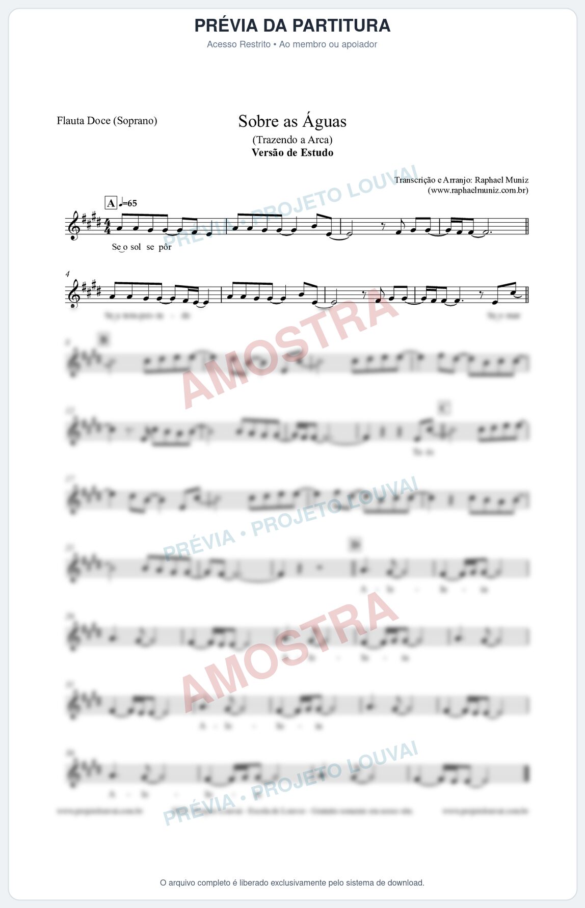 Prévia protegida da primeira página da partitura Partitura para Flauta Doce (Soprano) - Sobre as Águas (Versão de Estudo) - Trazendo a Arca