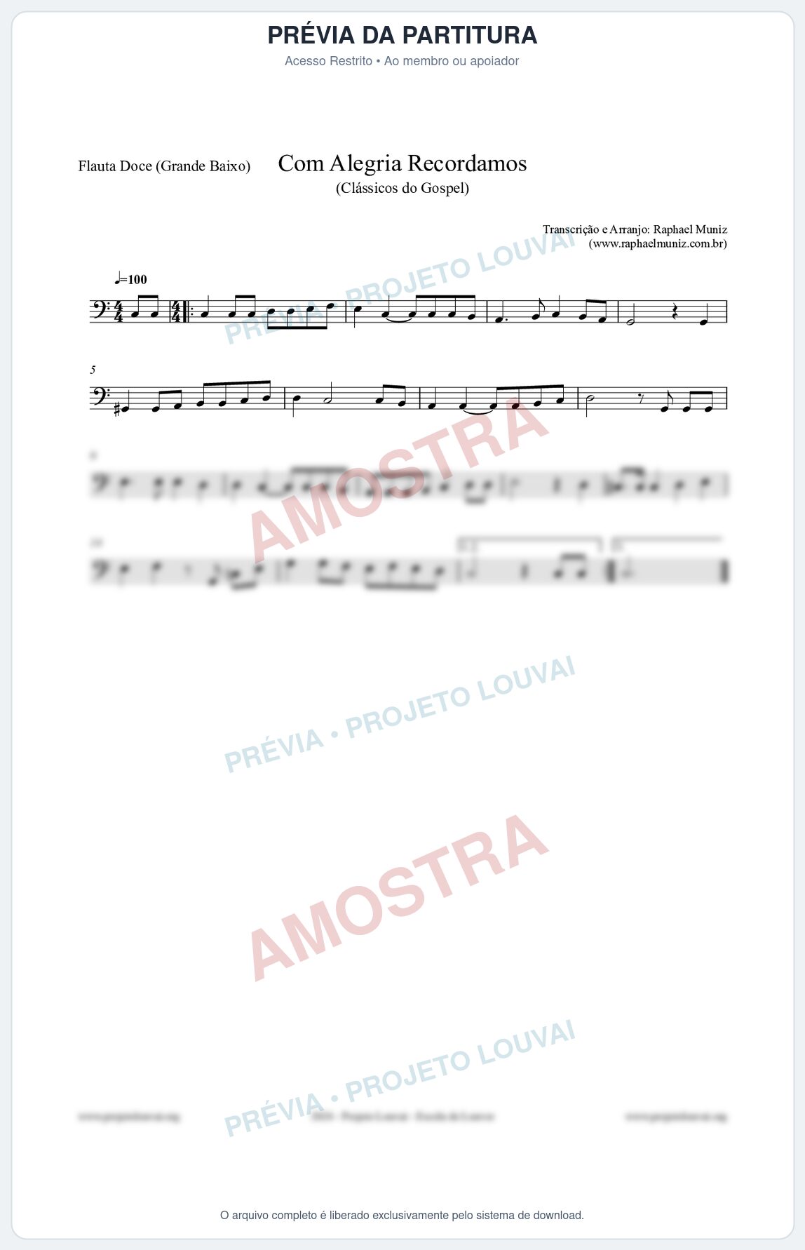 Prévia protegida da primeira página da partitura Partitura para Flauta Doce (Grande Baixo) - Com Alegria Recordamos - HCC 613 - Clássicos do Gospel