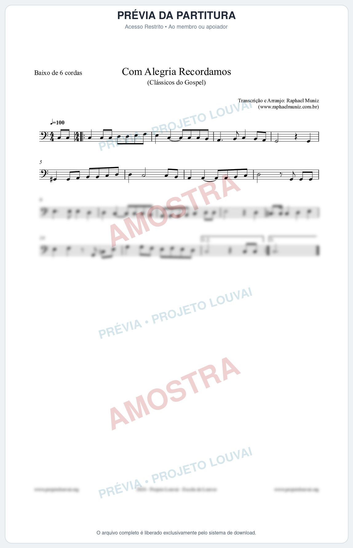 Prévia protegida da primeira página da partitura Partitura para Baixo de 6 cordas - Com Alegria Recordamos - HCC 613 - Clássicos do Gospel