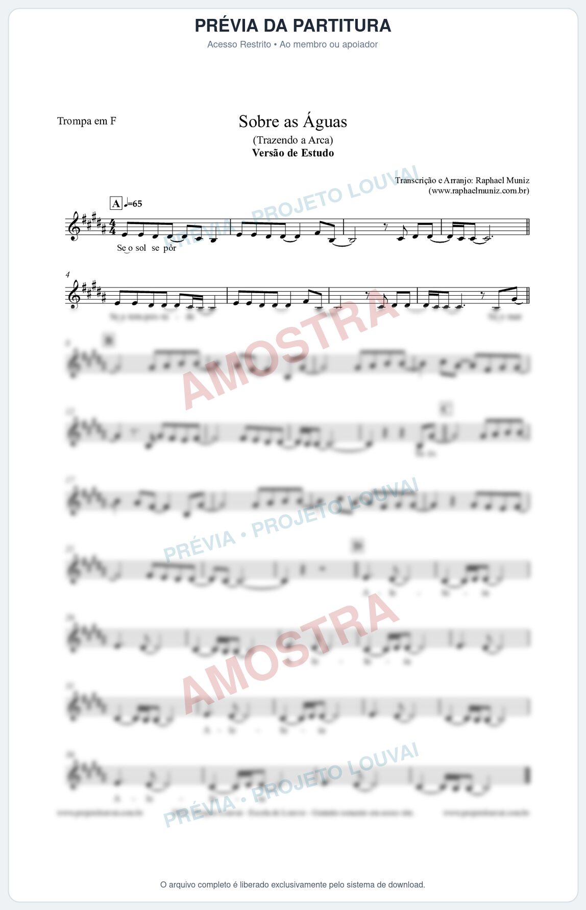 Prévia protegida da primeira página da partitura Partitura para Trompa em F - Sobre as Águas (Versão de Estudo) - Trazendo a Arca