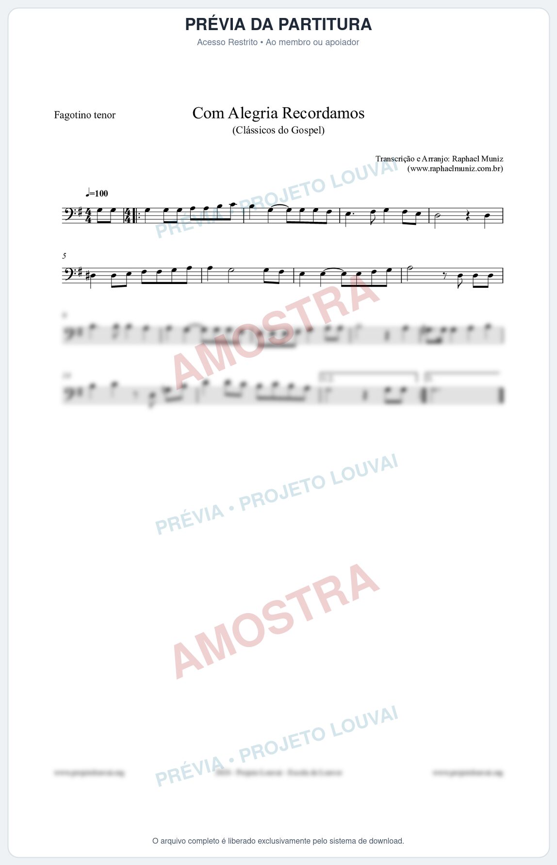 Prévia protegida da primeira página da partitura Partitura para Fagotino tenor - Com Alegria Recordamos - HCC 613 - Clássicos do Gospel