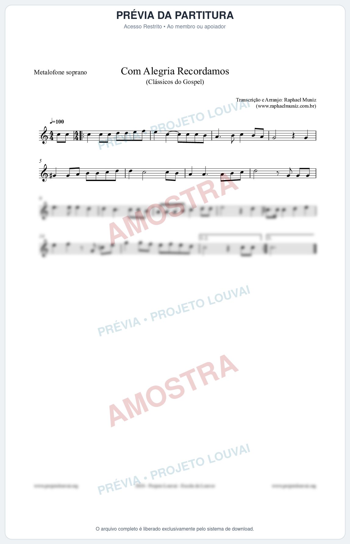 Prévia protegida da primeira página da partitura Partitura para Metalofone soprano - Com Alegria Recordamos - HCC 613 - Clássicos do Gospel