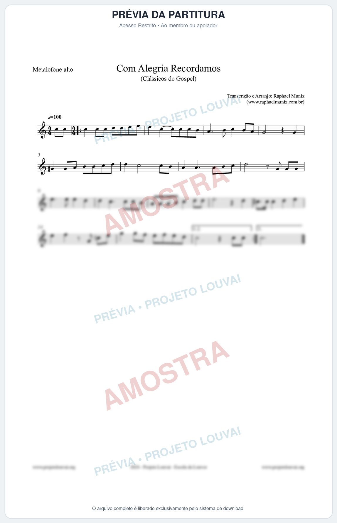 Prévia protegida da primeira página da partitura Partitura para Metalofone alto - Com Alegria Recordamos - HCC 613 - Clássicos do Gospel